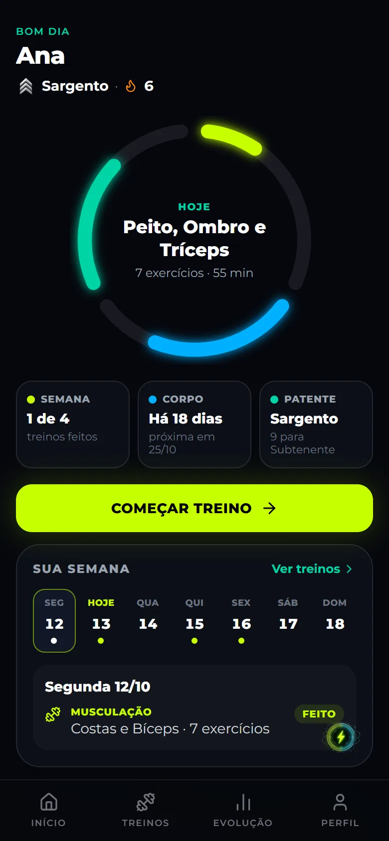 Tela inicial do app com o treino do dia e o Anel 360