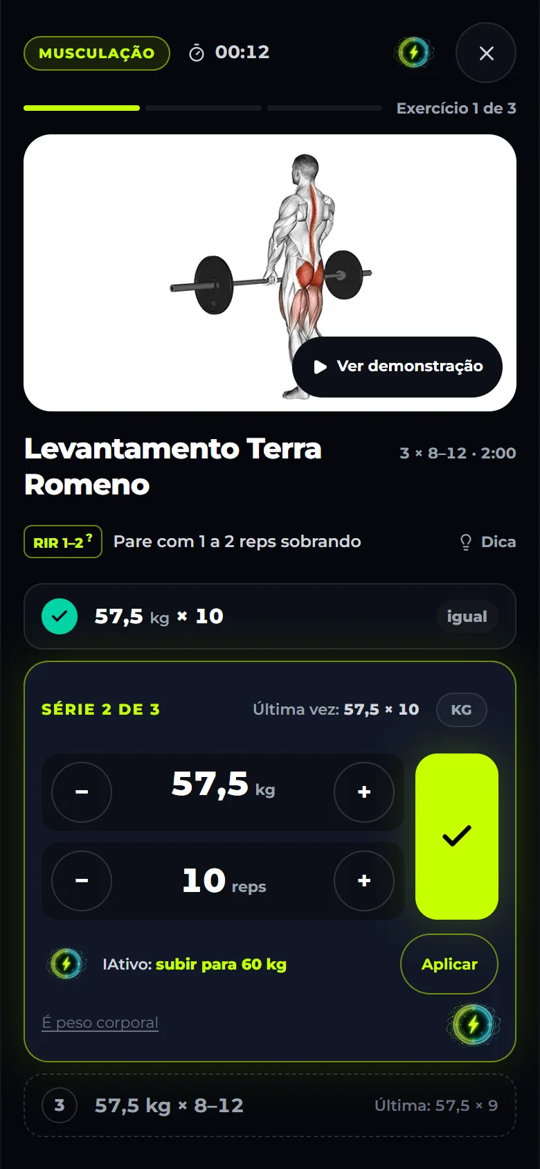 Tela de execução de um exercício de musculação